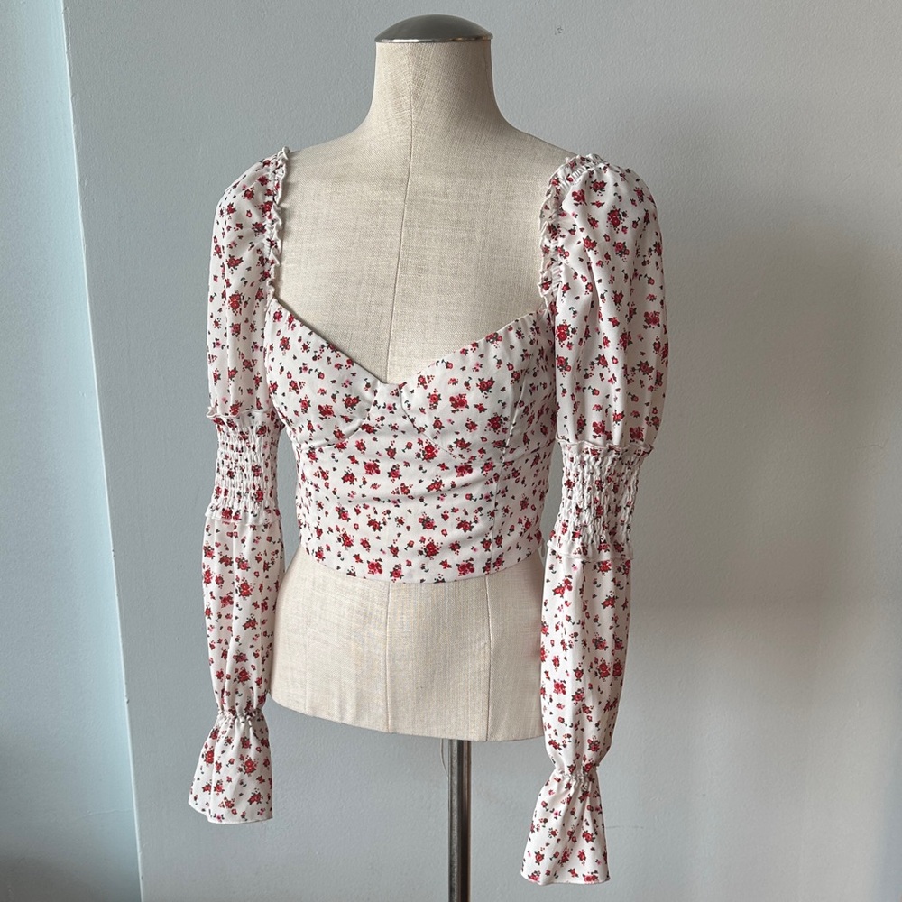 Tiger Mist Floral Puff Sleeve cropped Blouse with tie up back